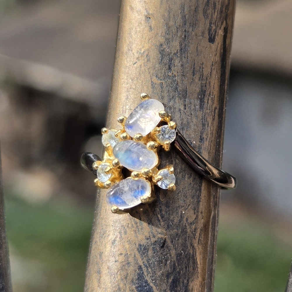 Moonstone & Topaz Natural Gemstones Sterling Rhodium & Gold Ring Sz7.25 - Picture 2 of 8